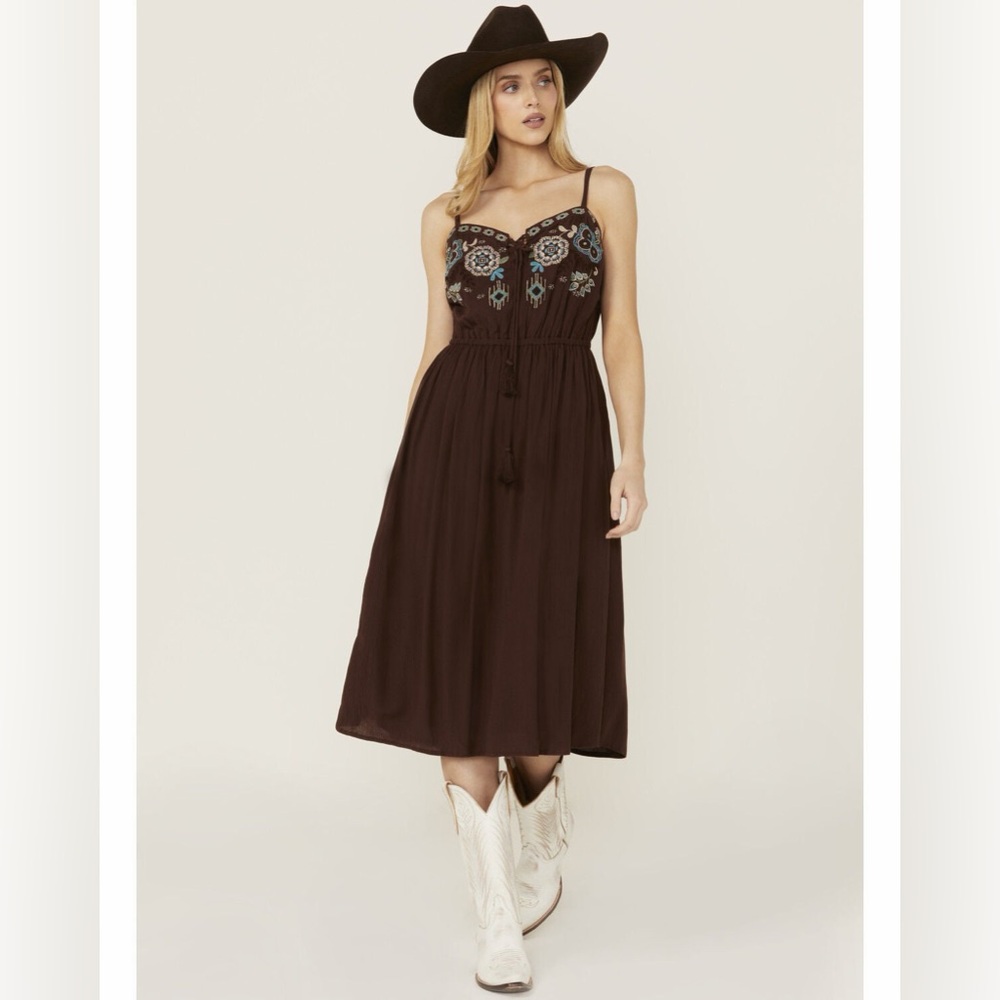 Shyanne Brown Midi Dress with Embroidered Bodice